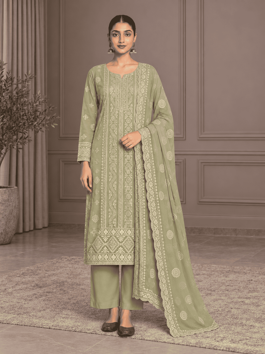 Unstitched Pastel Pistachio Green Chiffon Suit With Intricate Ivory Threadwork And Subtle Sequin Sparkle