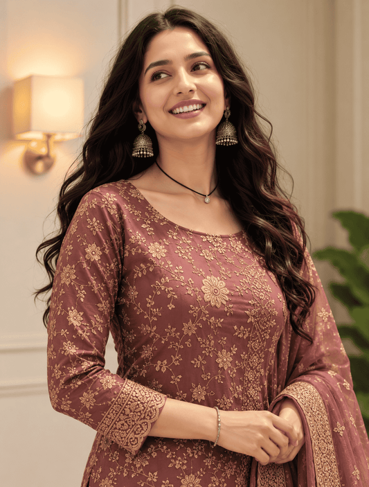 Unstitched Mauve Silk-Textured Fabric With Zari Suit Material