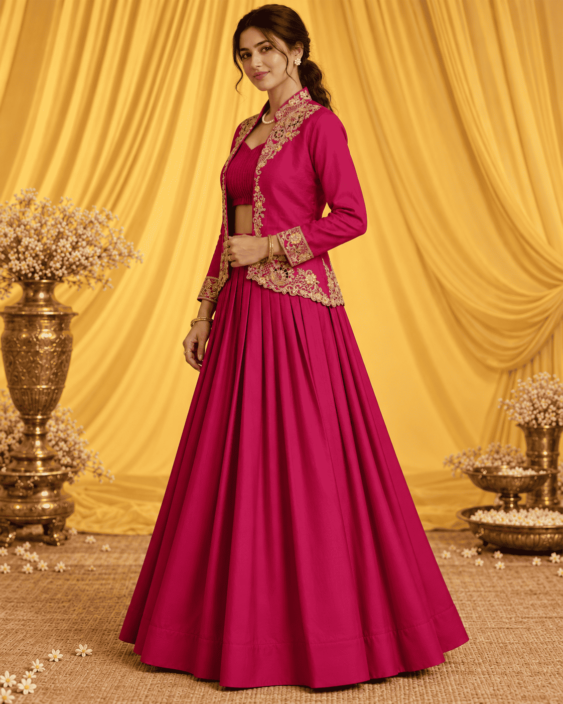 Red silk blend with embroidery jacket lehenga set