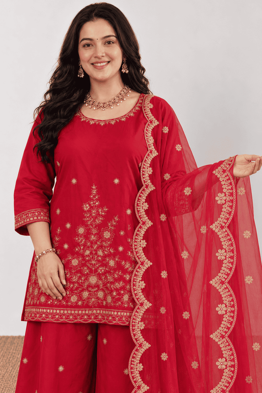 Fuchsia Cotton Straight Kurta palazzo With Dupatta