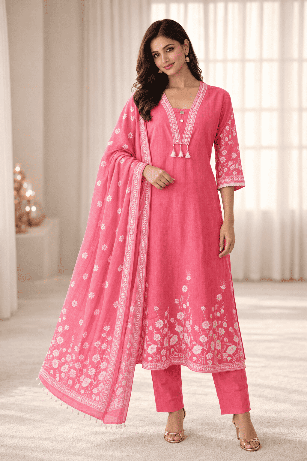 Pink cotton kurta pant set with white floral printed dupatta