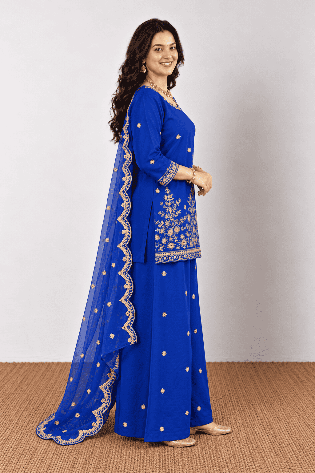 Royal Blue Cotton Kurta Palazzo With Dupatta