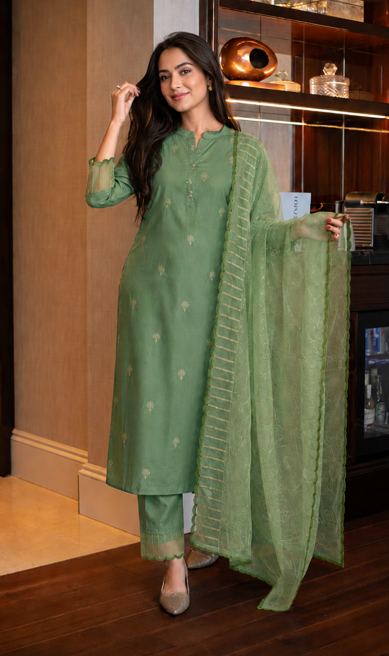 Green Silk Blend Embroidered Kurta Pant and Dupatta Set