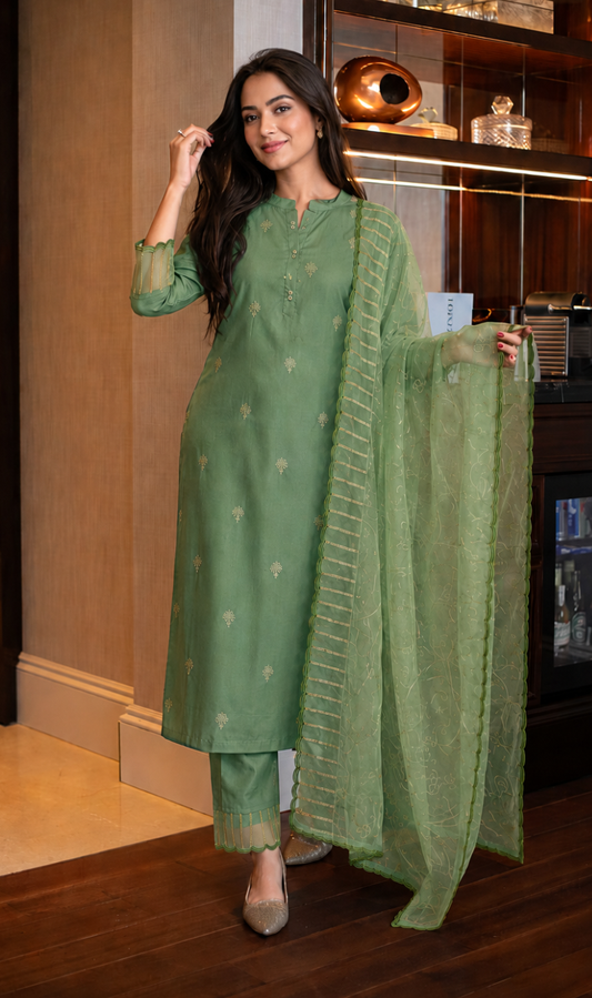 Green Silk Blend Embroidered Kurta Pant and Dupatta Set