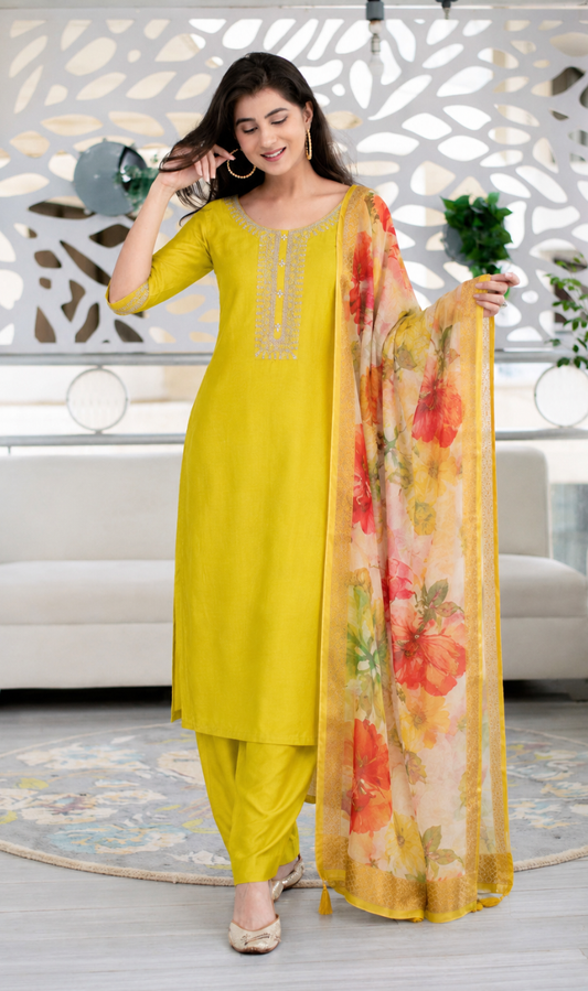 Yellow Cotton Blend Embroidered Kurta Pant and Dupatta Set