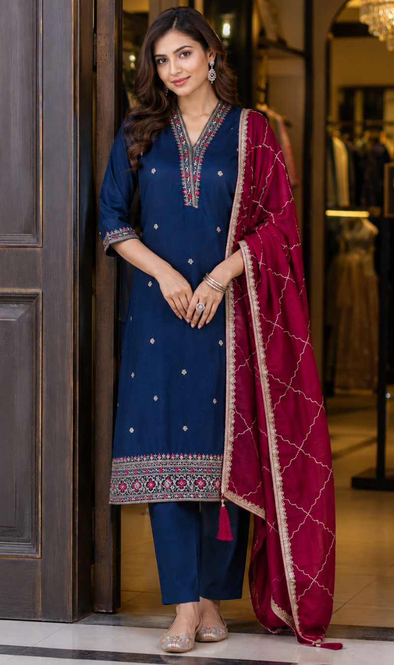 Teal Silk Blend Embroidered Kurta Pant and Dupatta Set