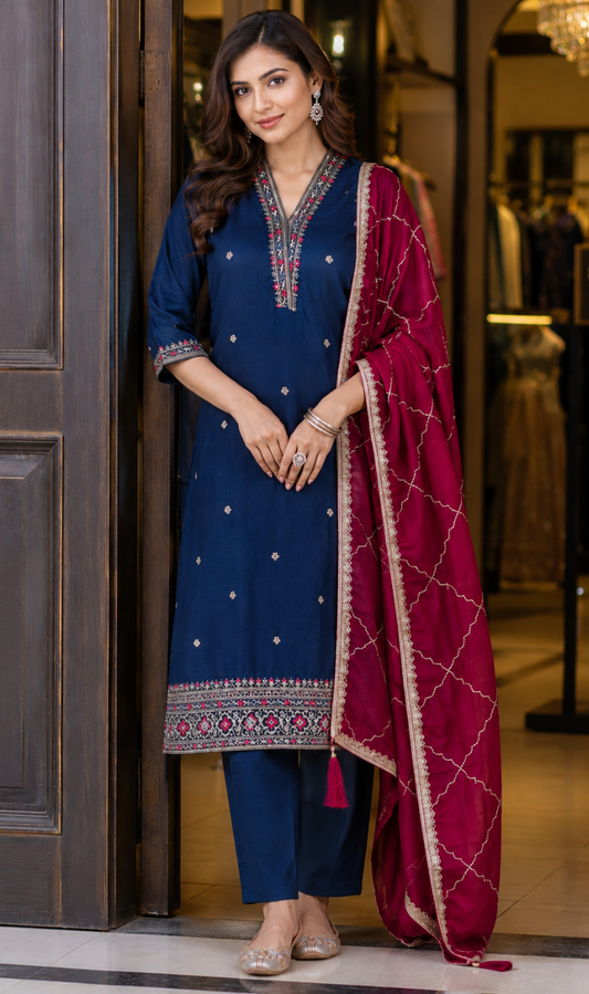 Teal Silk Blend Embroidered Kurta Pant and Dupatta Set