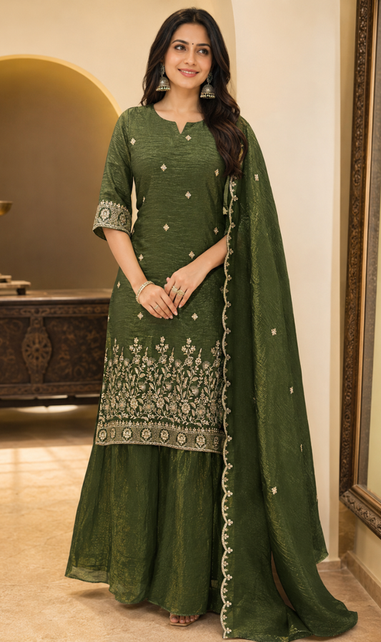 Green Silk Blend Embroidered Kurta Palazzo Dupatta Set