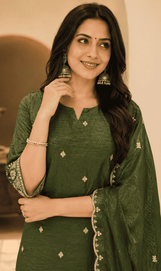 Green Silk Blend Embroidered Kurta Palazzo Dupatta Set