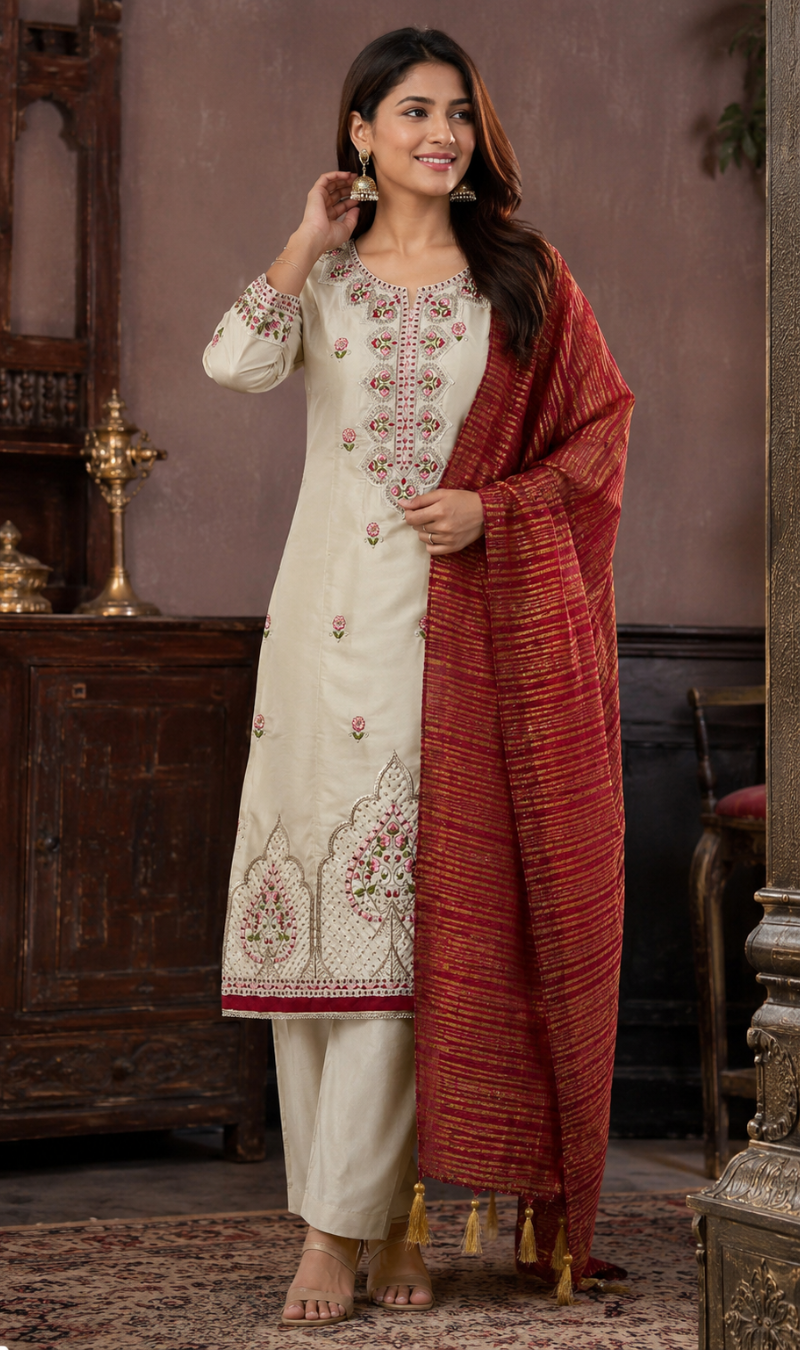 Beige Silk Blend Kurta Pant and Dupatta set