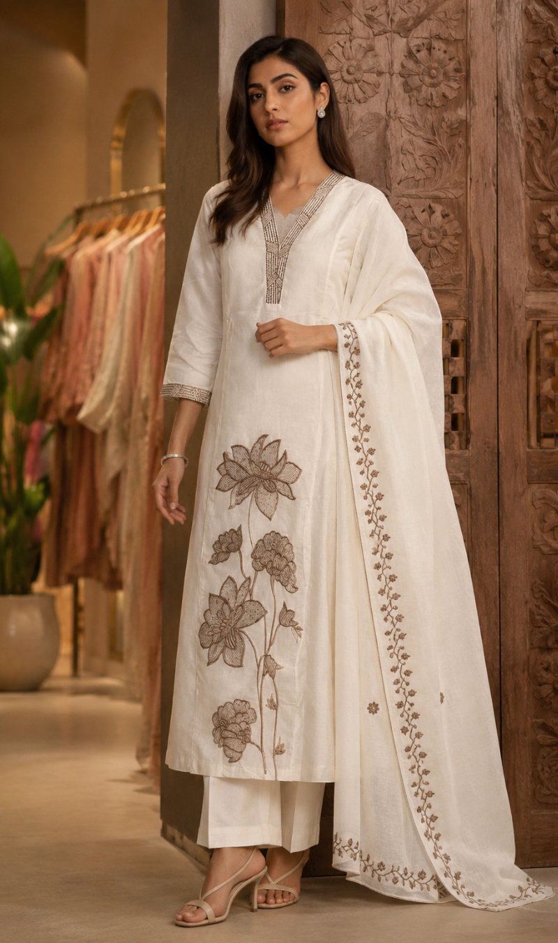 White Silk Blend Embroidered Kurta Pant and Dupatta Set