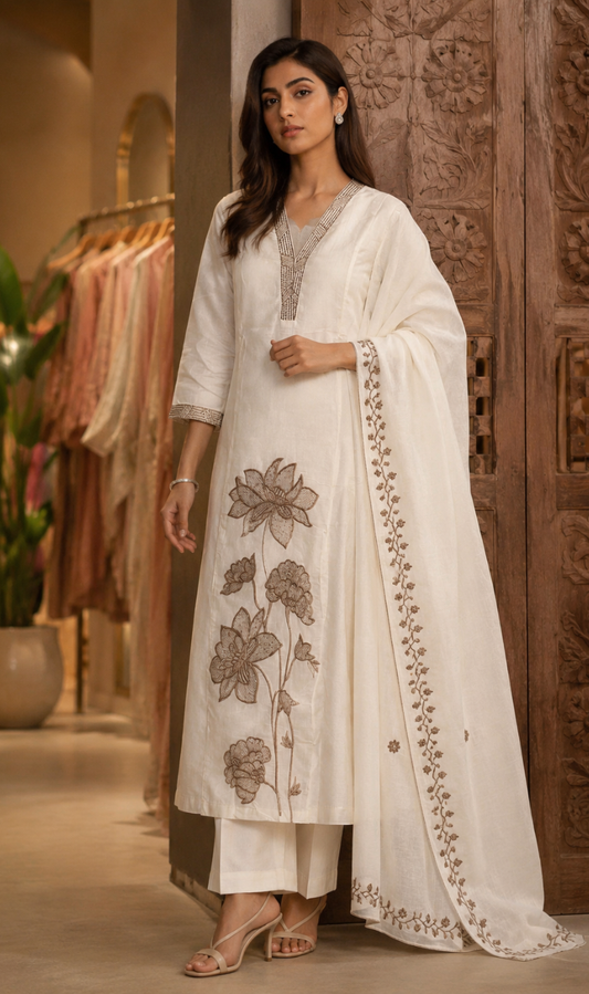White Silk Blend Embroidered Kurta Pant and Dupatta Set