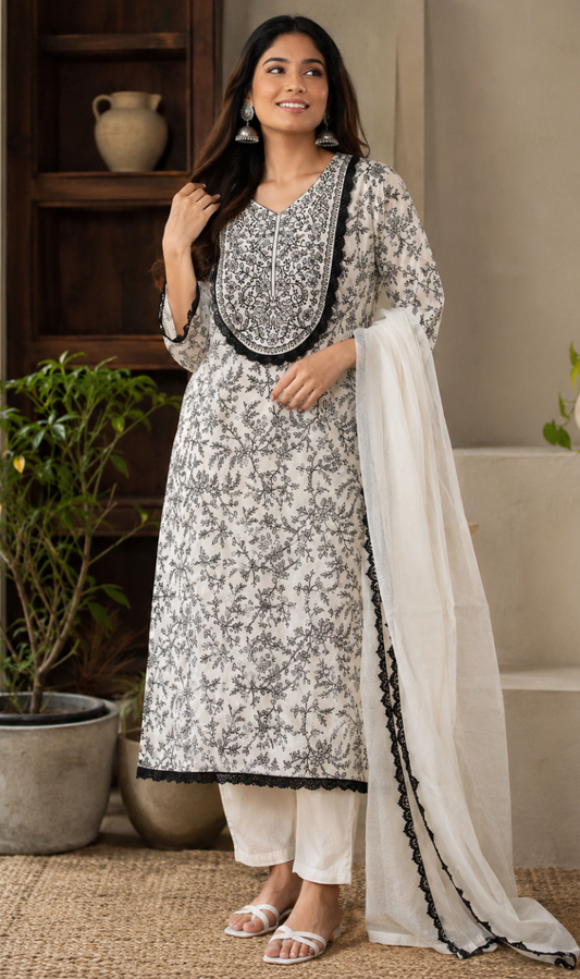 Cream and Black Silk Blend Embroidered Kurta Pant and Dupatta Set