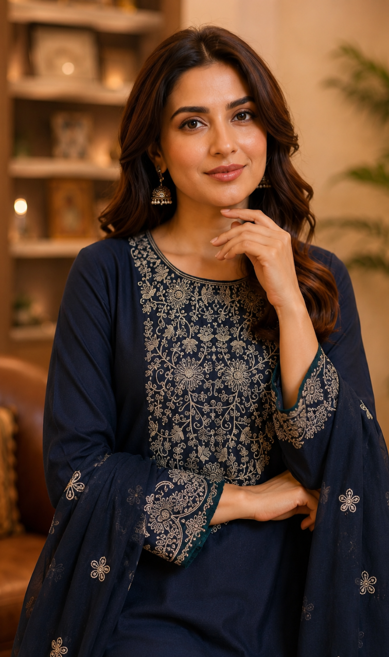 Teal Silk Blend Embroidered Kurta Pant and Dupatta Set