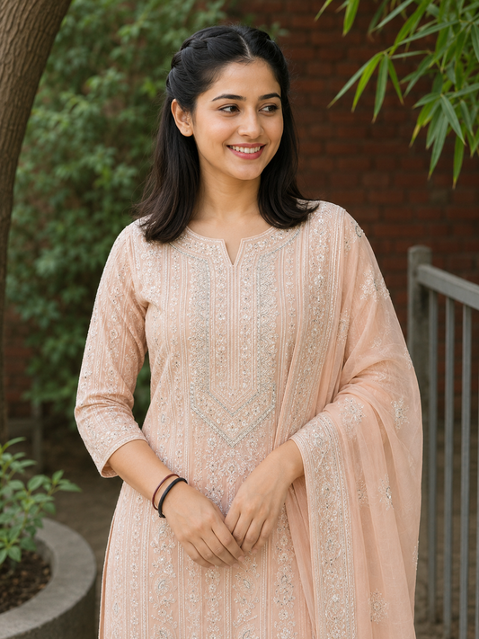 Unstitched Soft Peach Georgette Suit With Ivory Resham Embroidery And Subtle Sequin Highlights