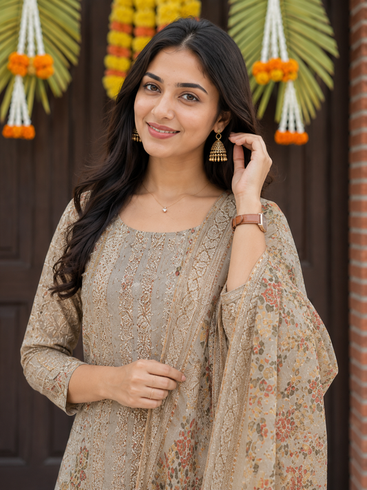 Beige Unstitched Multicoloured Embroidery And Mirror-Sequin Textured Chiffon Suit Set With Dupatta