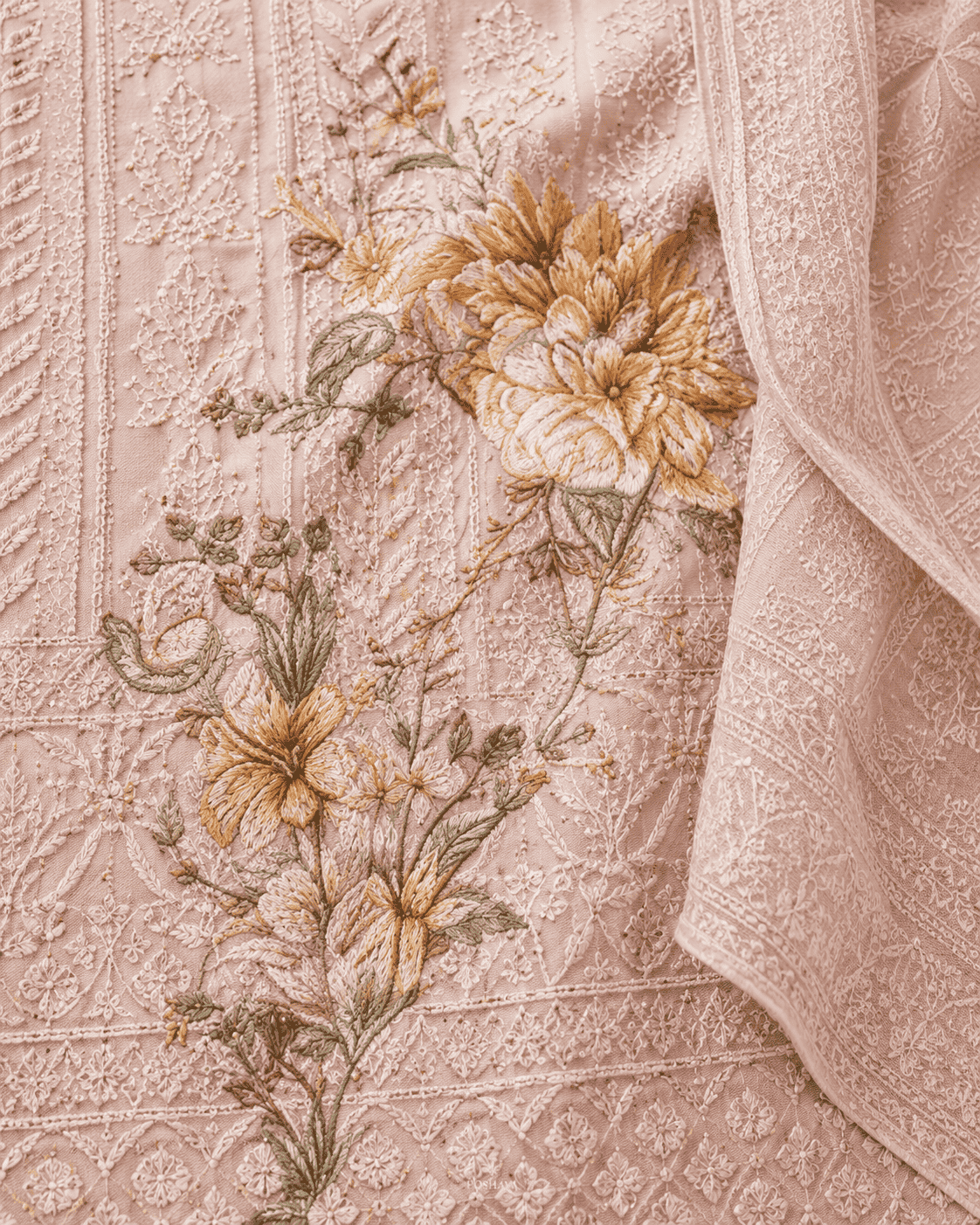 Pastel Lavender Unstitched Chiffon Suit Set With Dupatta Adorned With Floral Threadwork