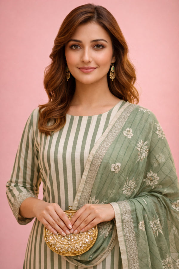 Green Striped Floral Printed Rayon Kurta Set With Dupatta