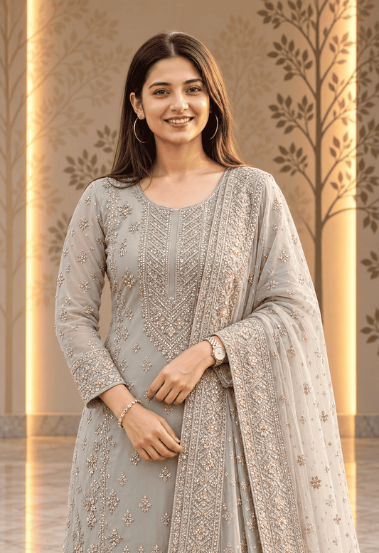 Semi Stitched Soft Chiffon Light Green With Sequin Embroidery Suit Material