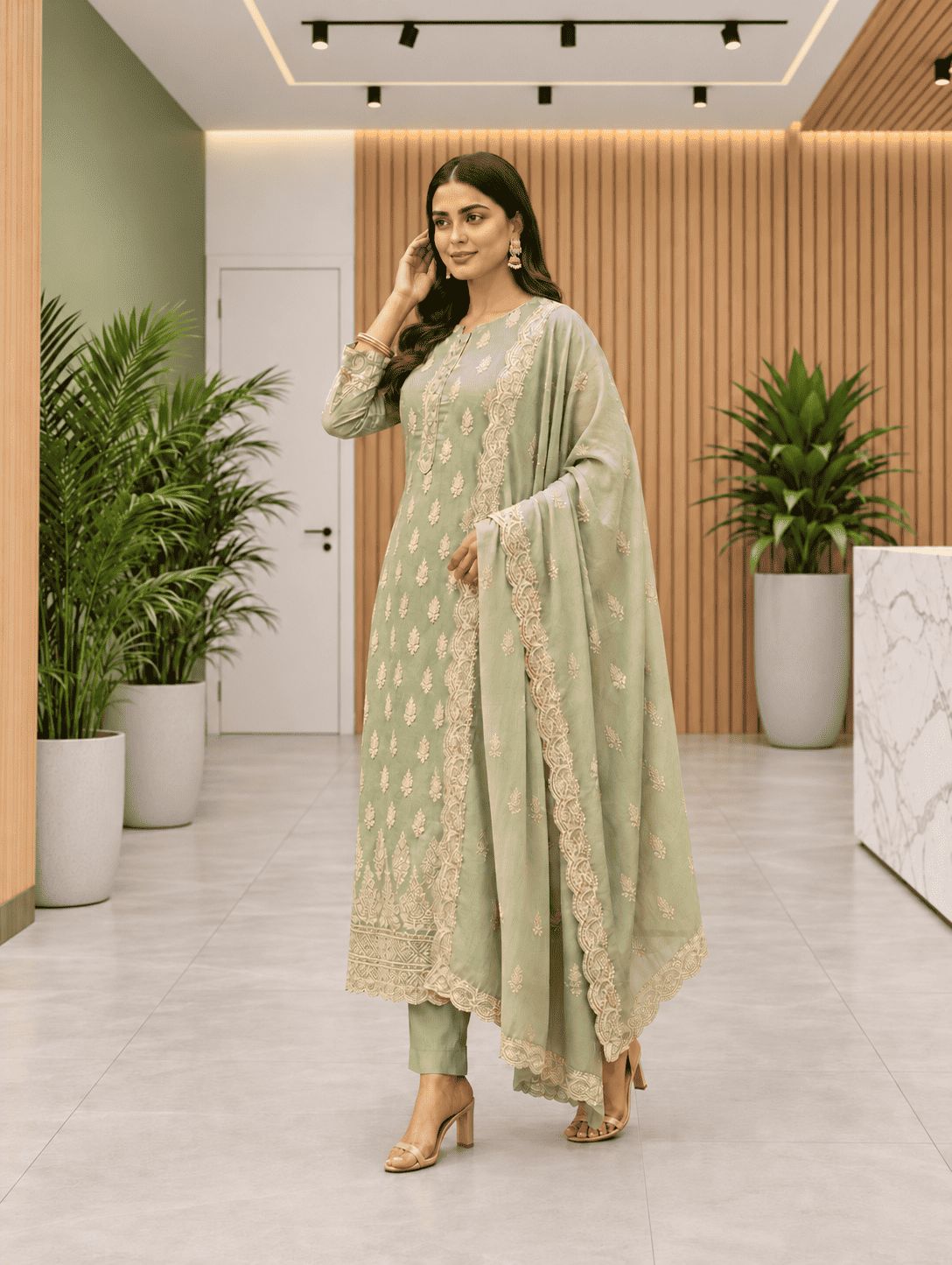 Semi-Stitched Sea-Green Soft Georgette Suit With Ivory Sequin Tree Motifs
