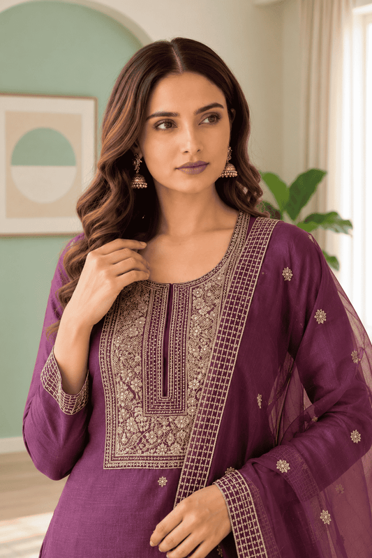 Semi-Stitched Plum-Purple Organza Suit Featuring Fine Zari And Sequin Embroidery