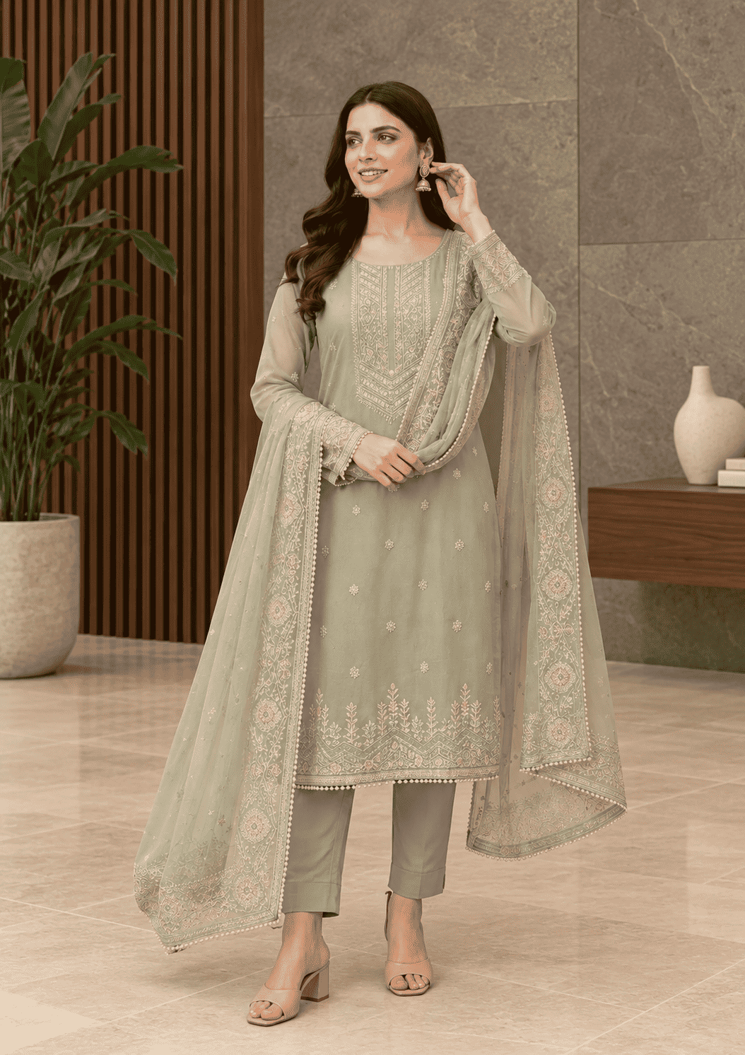 Muted Grey Semi-Stitched Organza With Floral Embroidery Suit Set With Dupatta