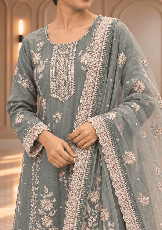 Semi-Stitched Shimmer Net Fabric In Deep Olive With Multicoloured Thread Embroidery Suit Material