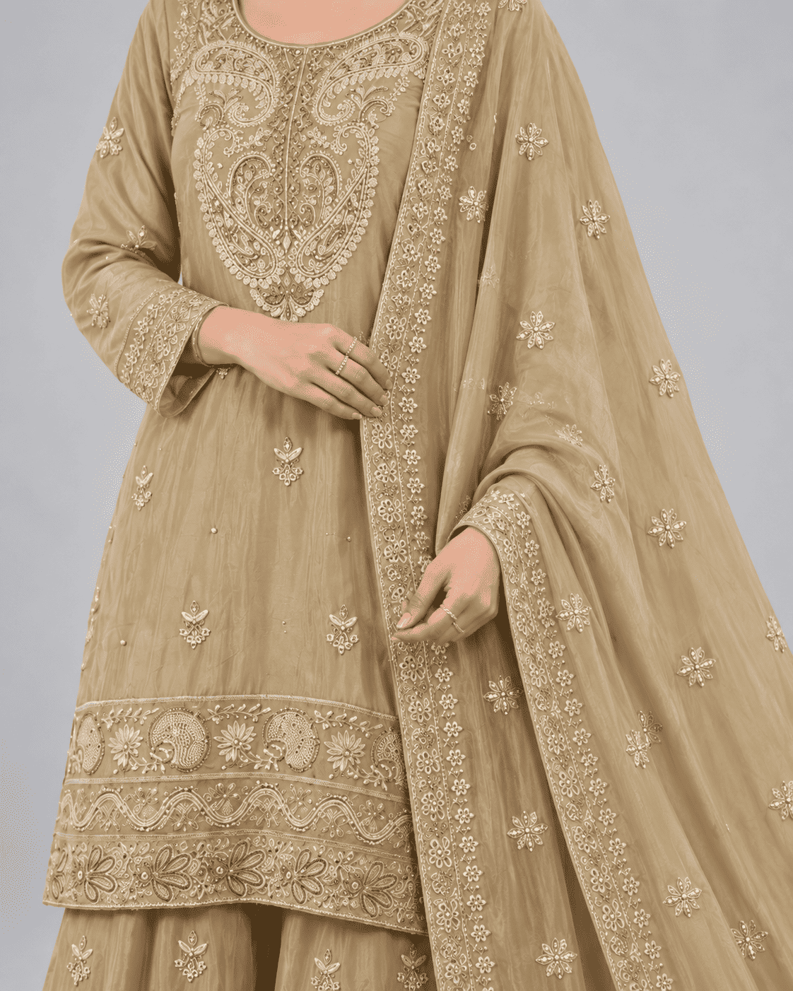 Golden Beige Embroidered Chinon Kurta Gharara and Dupatta Set