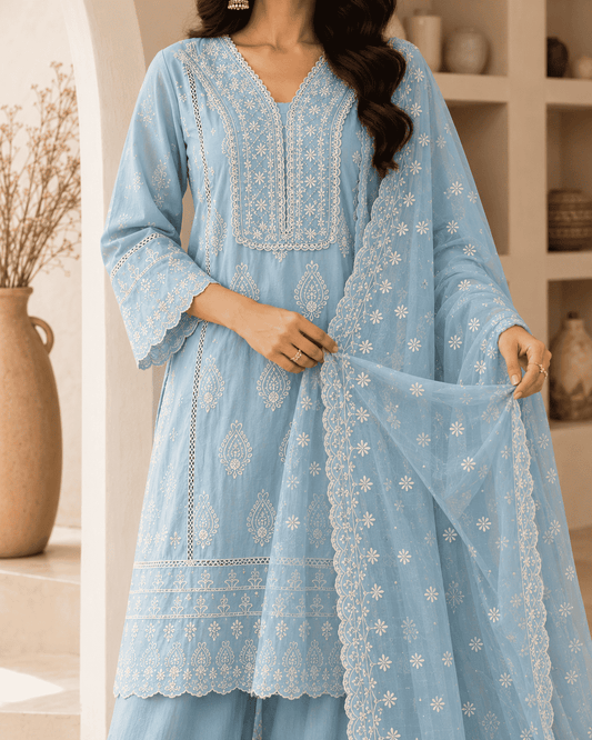 Sky Blue Chikankari Embroidered Mul Cotton Kurta Pant With Dupatta