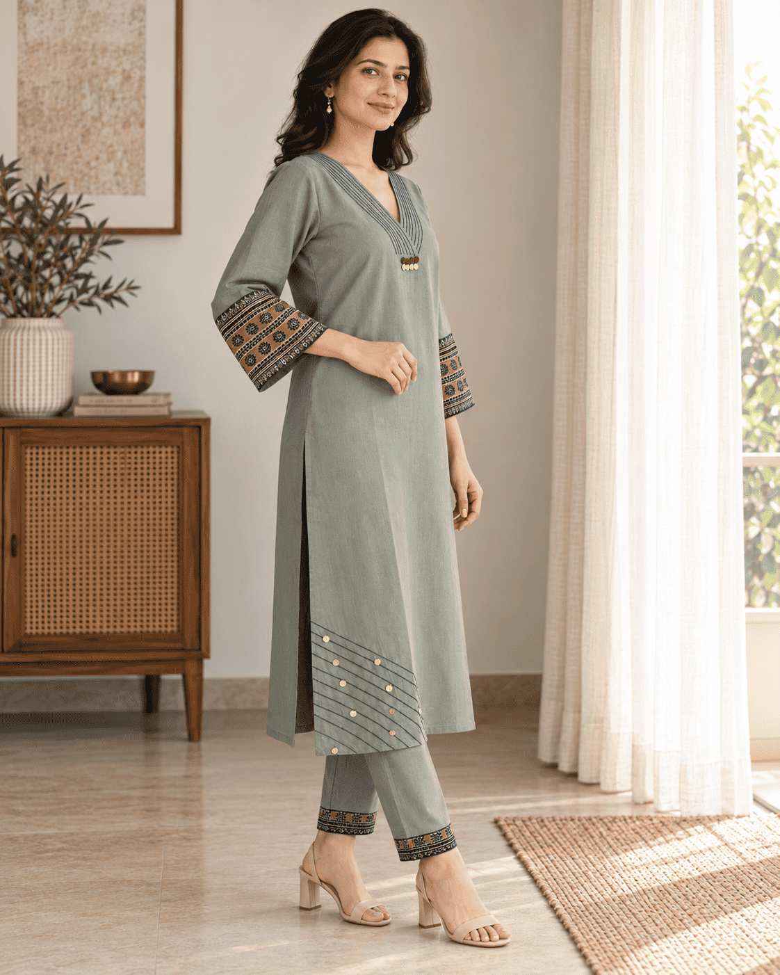 Grey Embroidered Cotton Blend Kurta Pant Set