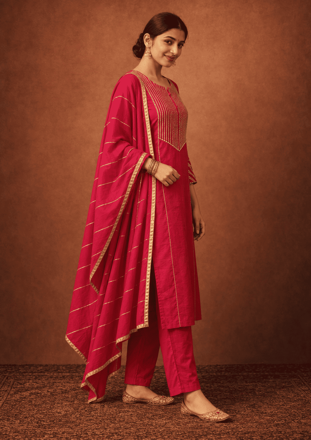 Fuchsia gota work cotton kurta pant set with gold stripes dupatta