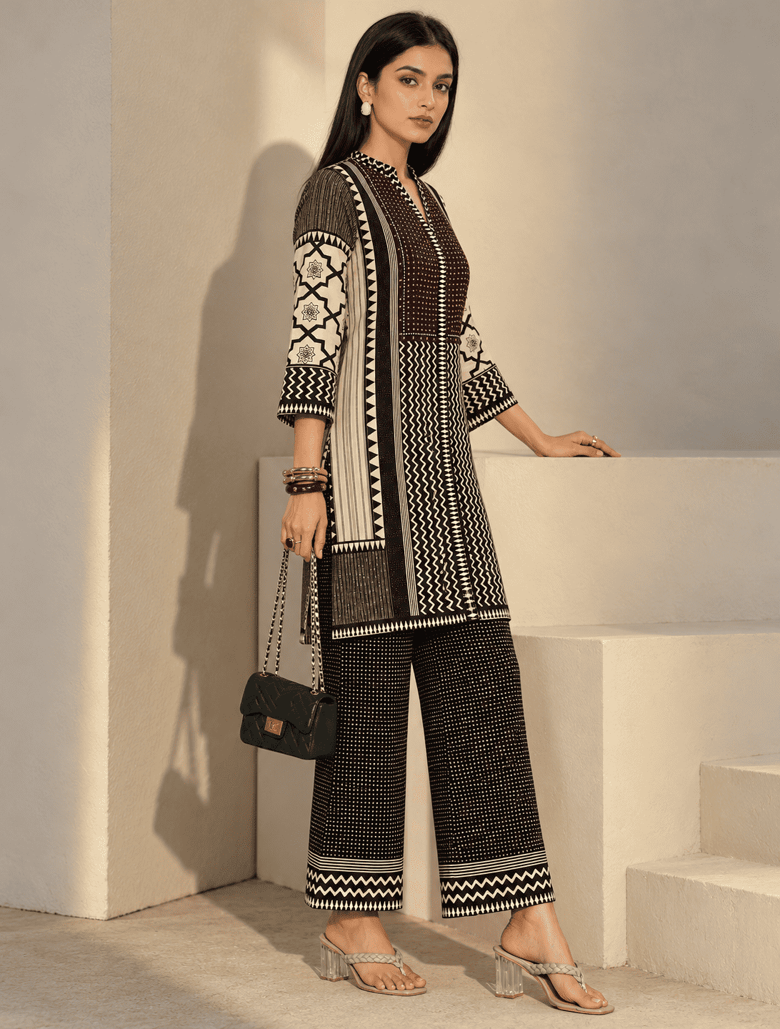 Black & Ivory Printed Modal Rayon Kurta Pant Set