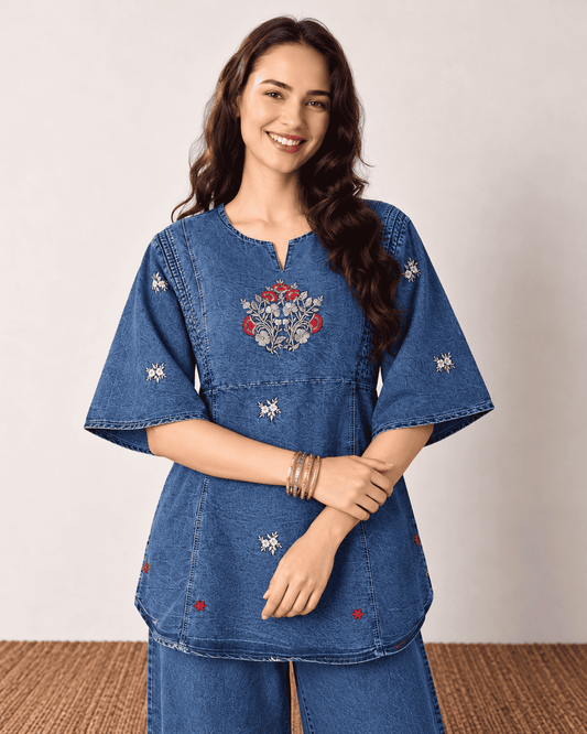 Blue Embroidered Denim Co-ord Set