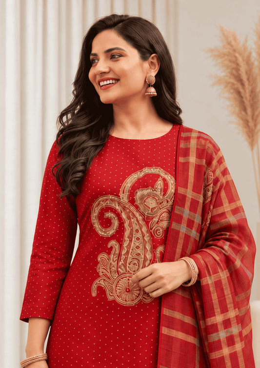 Unstitched Rich Maroon Art Silk Suit With Multicoloured Paisley Applique And Mirror Handwork Detailing