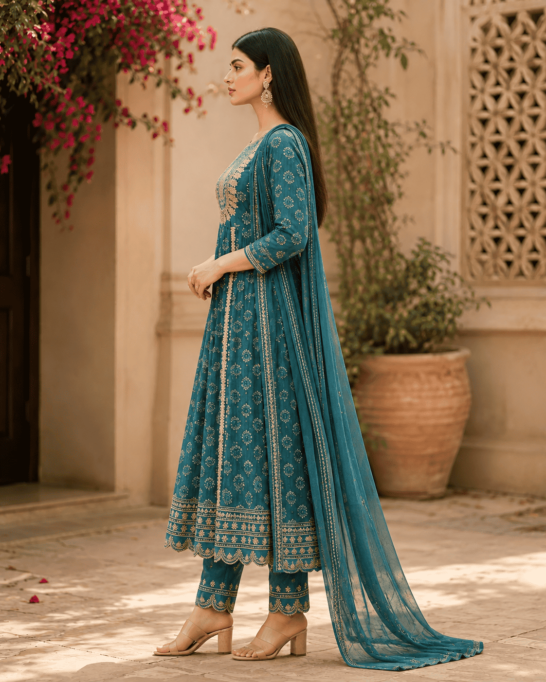 Teal Floral Cotton Kurta Set With Printed Straight Trousers With Dupatta