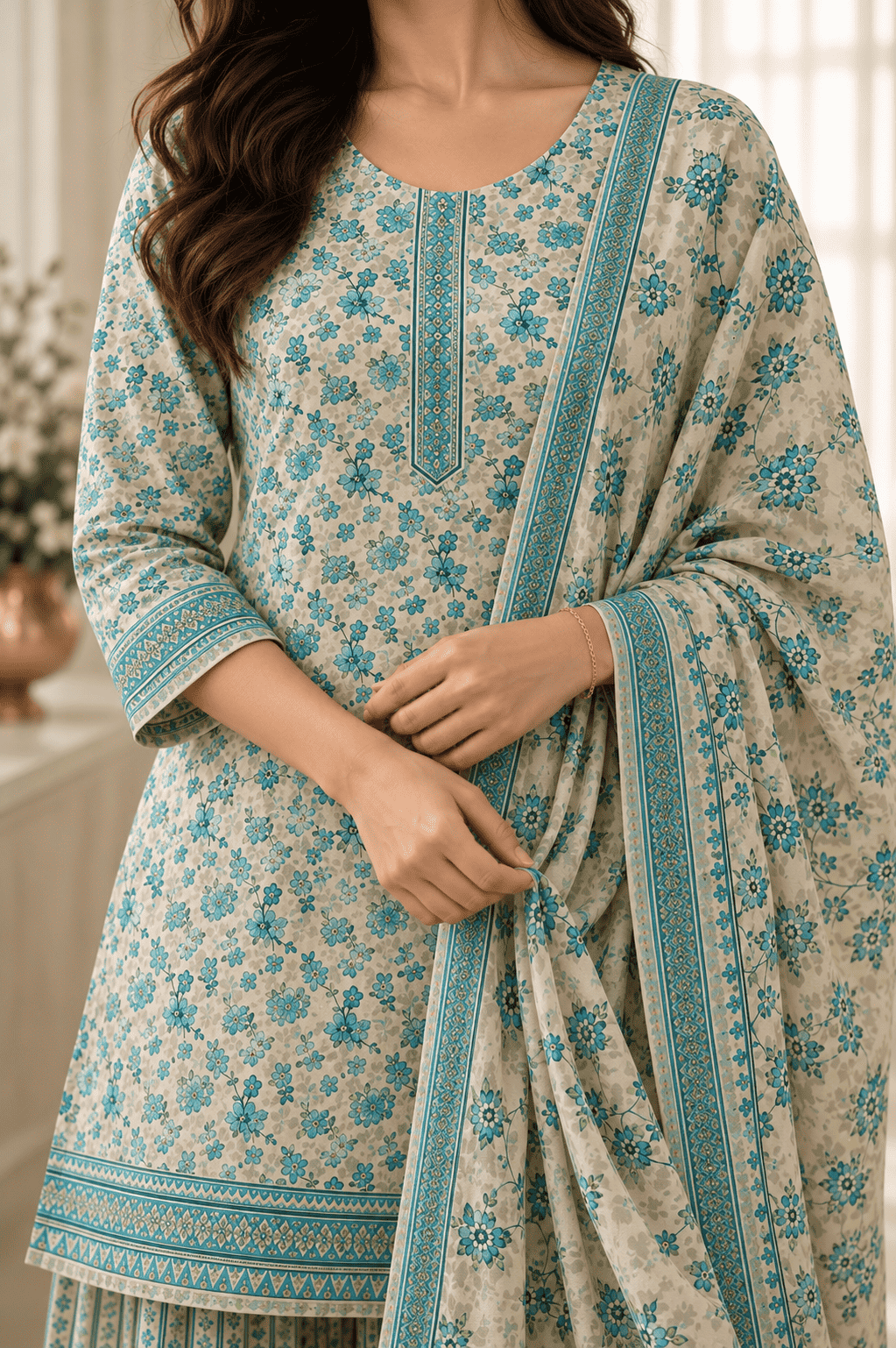 Beige cotton teal floral printed kurta pant set with dupatta