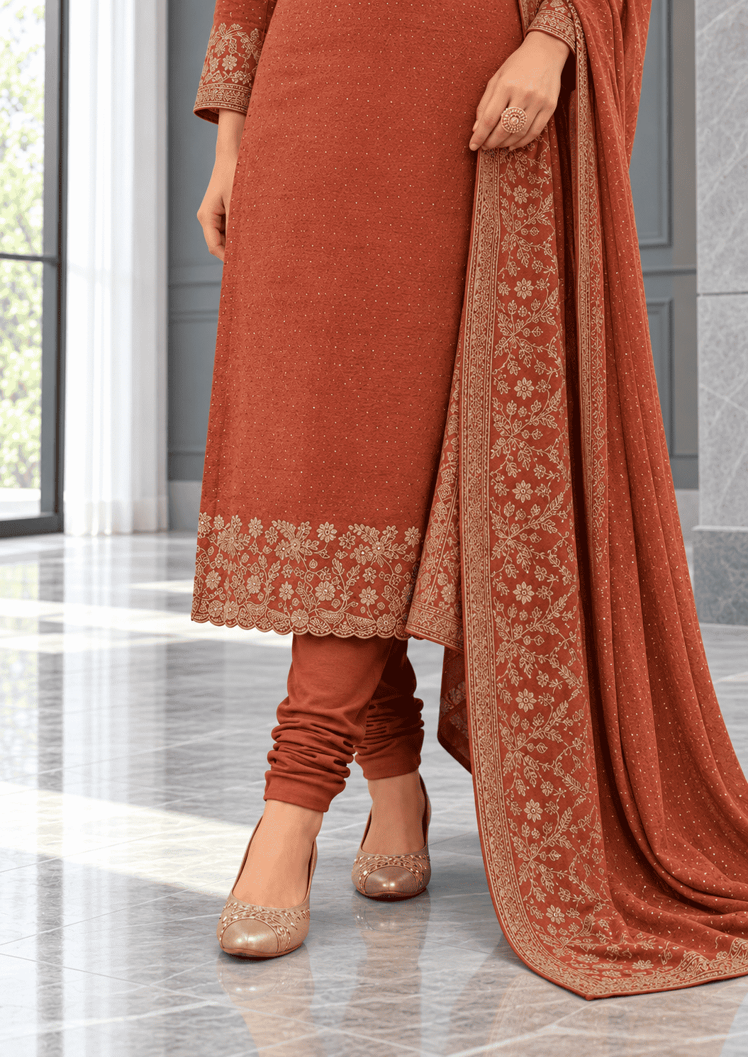 Semi-Stitched Deep Wine-Red Muslin Silk Suit Embellished With Scattered Rhinestone Butti And Intricate Golden Zari Embroidery
