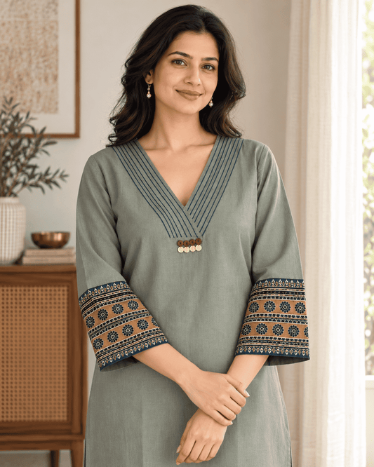 Grey Embroidered Cotton Blend Kurta Pant Set