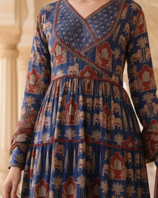 Indigo Blue & Rust Red Anarkali Ajrakh Cotton Kurta Set Paired With Dupatta