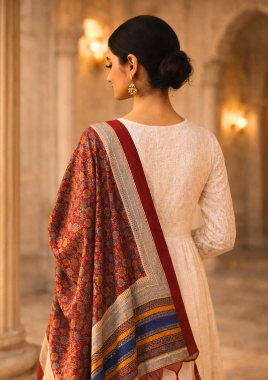 White Chikankari Kurta Pant With Red Printed Dupatta