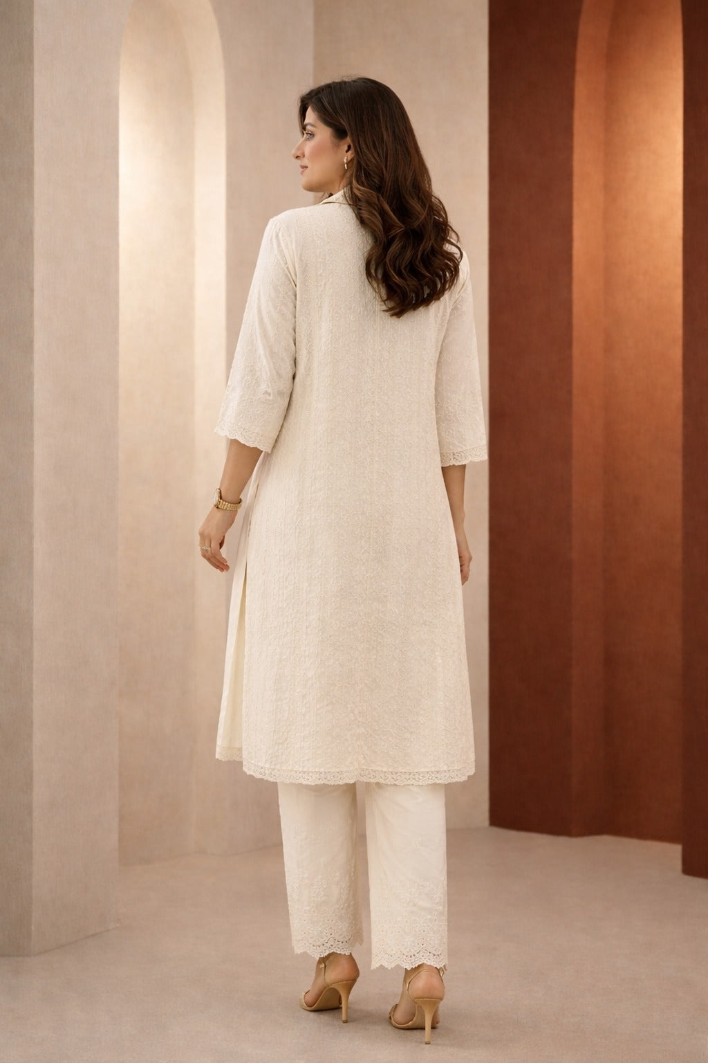 Ivory collar neck schiffli Kurta Pant Set