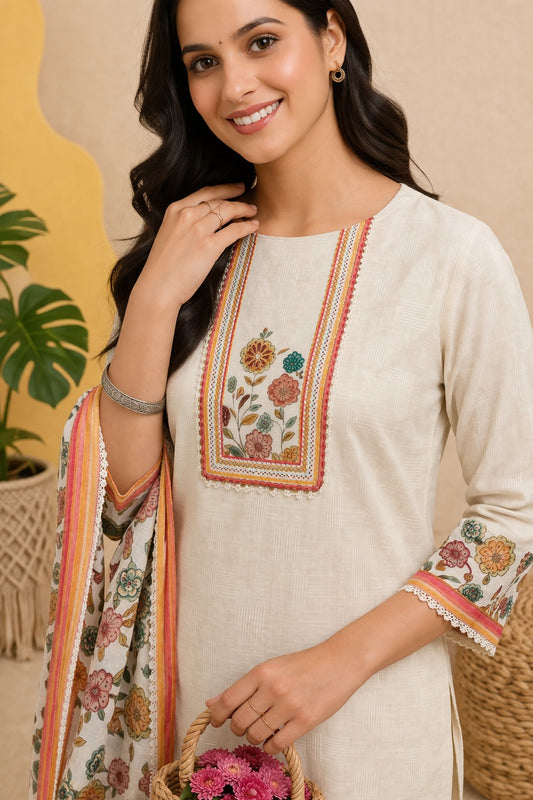 Unstitched cotton cream floral printed suit set with dupatta