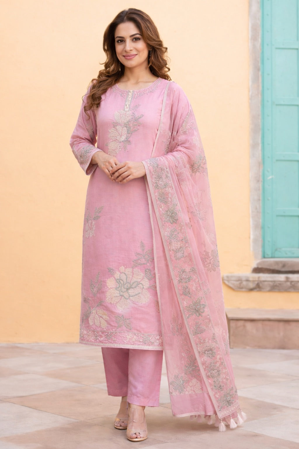 Unstitched pink embroidered cotton slub suit set with dupatta