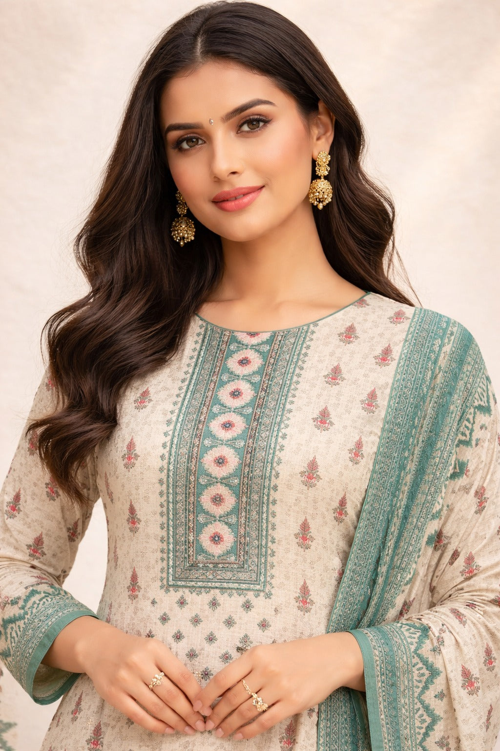 Unstitched green printed cotton suit with dupatta