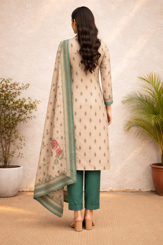 Unstitched green printed cotton suit with dupatta