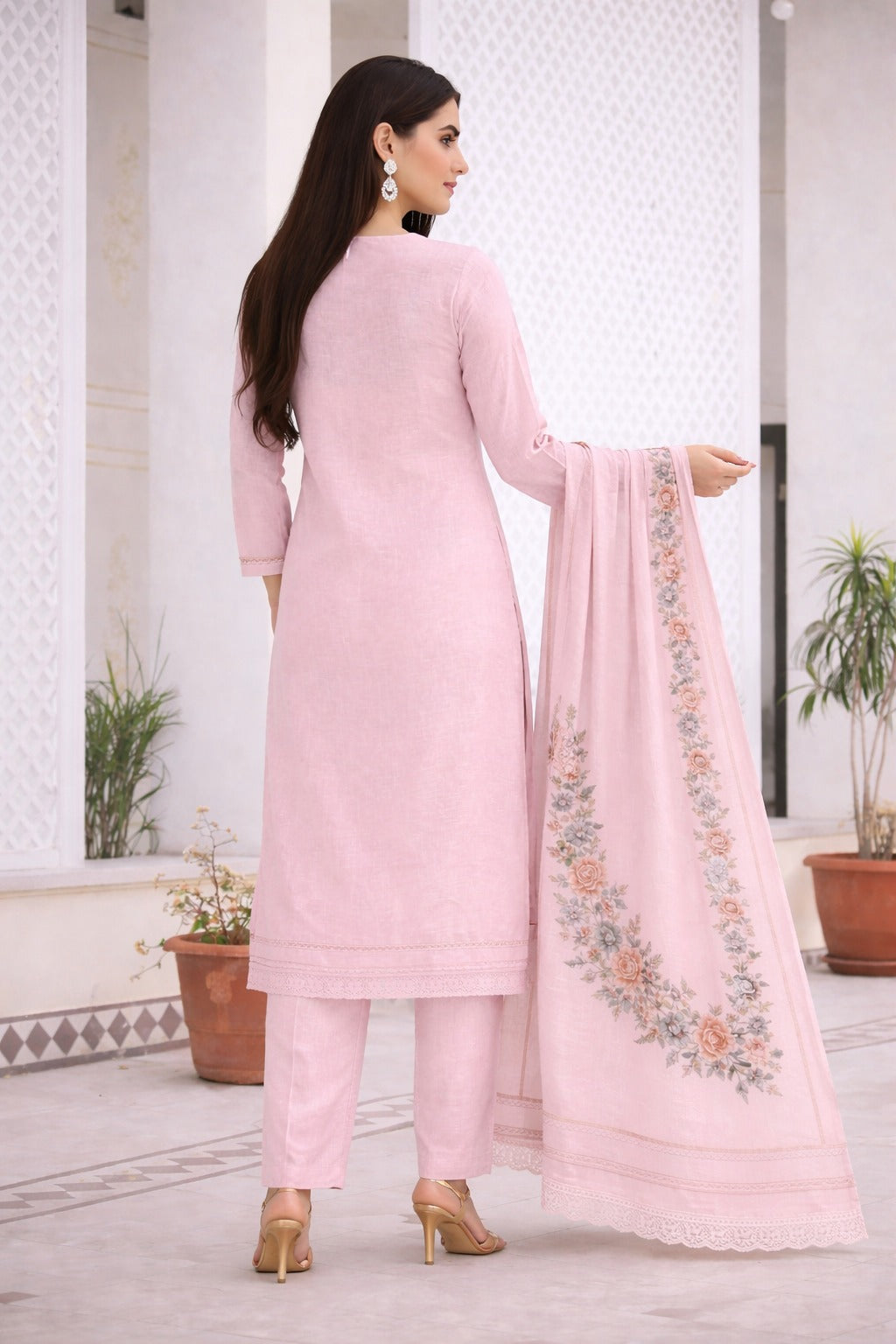 Unstitched light pink cotton floral printed suit set with dupatta