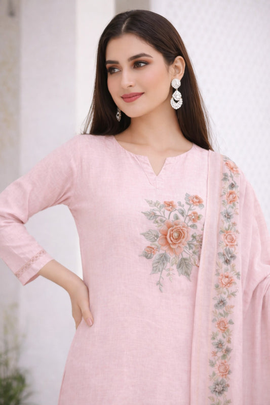 Unstitched light pink cotton floral printed suit set with dupatta