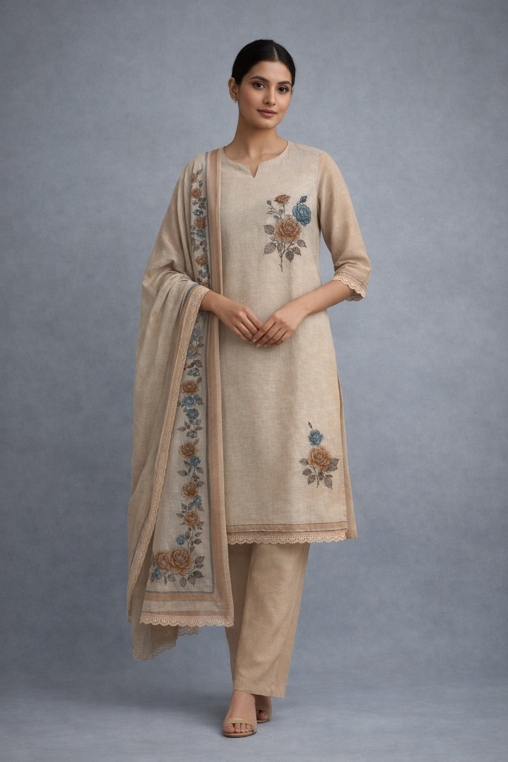Unstitched light brown cotton floral printed suit set with dupatta