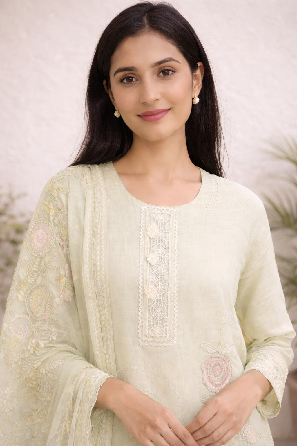 Unstitched light green embroidered with artistic printed cotton suit set with dupatta