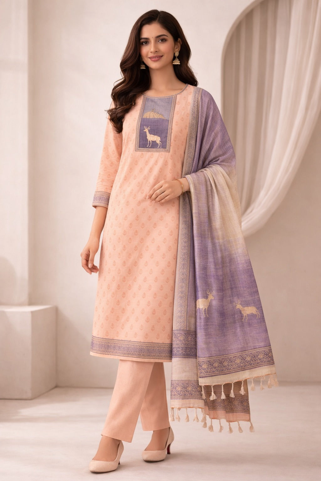Unstitched offwhite with purple print cotton suit set with dupatta